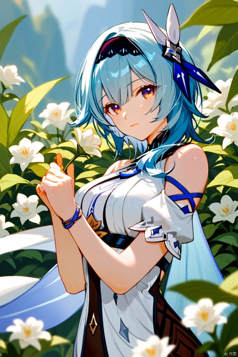  (score_9,score_8_up,score_7_up,score_6_up,score_5_up,score_4_up),1girl, solo, beautiful hair, colorful exquisite dress, holding, jewelry, closed mouth, flower, bracelet, hands up, plant, white flower, hair over shoulder, eula \(genshin impact\)