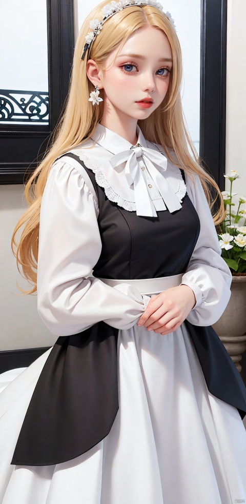  1girl, solo, long hair, skirt, blonde hair, simple background, shirt, long sleeves, white background, ribbon, jewelry, blue eyes, white shirt, flower, earrings, parted lips, puffy sleeves, black skirt, lips, eyelashes, makeup, white flower, blouse, facing viewer, high-waist skirt, v arms, red lips