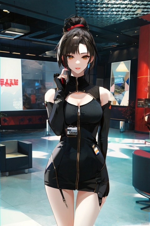 1girl, by agm,amazing quality,photorealistic,detailed,beautiful color,beautiful,solo, long hair, breasts, looking at viewer, large breasts, black hair, gloves, cleavage, brown eyes, standing, cowboy shot, earrings, black gloves, indoors, lips, clothing cutout, bodysuit, cleavage cutout, skin tight, zipper, black bodysuit, unzipped, office