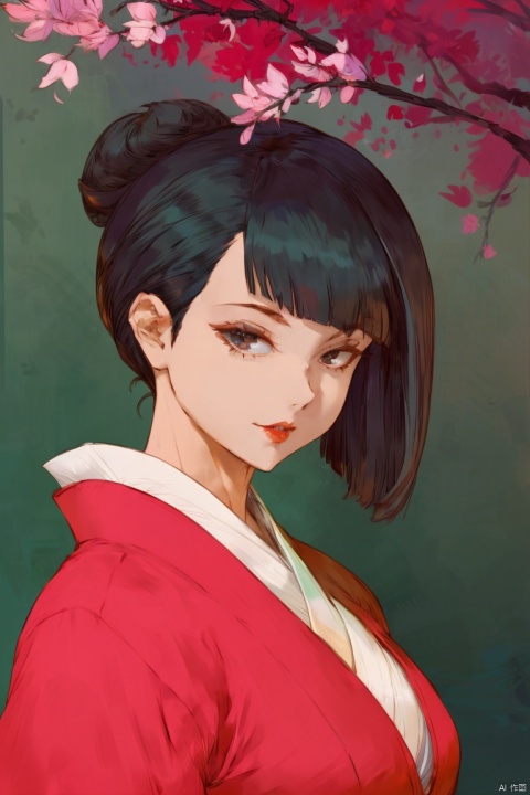 1girl, by cutesexyrobutts,amazing quality,photorealistic,detailed,beautiful color,beautiful,solo, looking at viewer, short hair, black hair, closed mouth, upper body, multicolored hair, japanese clothes, kimono, hair bun, black eyes, lips, single hair bun, portrait, white kimono, branch, red lips
