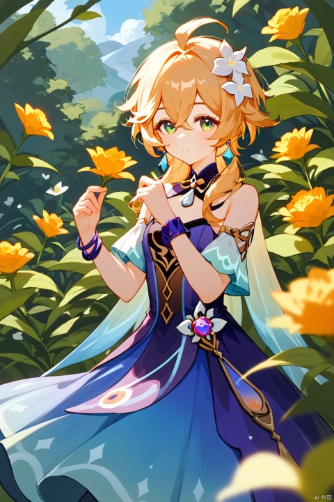  (score_9,score_8_up,score_7_up,score_6_up,score_5_up,score_4_up),1girl, solo, beautiful hair, colorful exquisite dress, holding, jewelry, closed mouth, flower, bracelet, hands up, plant, white flower, hair over shoulder, dori \(genshin impact\)