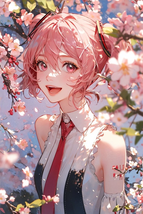 1girl, solo, long hair, looking at viewer, smile, open mouth, bangs, shirt, hair ornament, holding, hair between eyes, bare shoulders, twintails, very long hair, white shirt, upper body, pink hair, flower, :d, detached sleeves, necktie, teeth, sleeveless, collared shirt, pink eyes, petals, sleeveless shirt, floating hair, upper teeth only, cherry blossoms, pink flower, food-themed hair ornament, pink theme, falling petals, pink necktie, pink sleeves, cherry hair ornament, hatsune miku, sakura miku, mLD