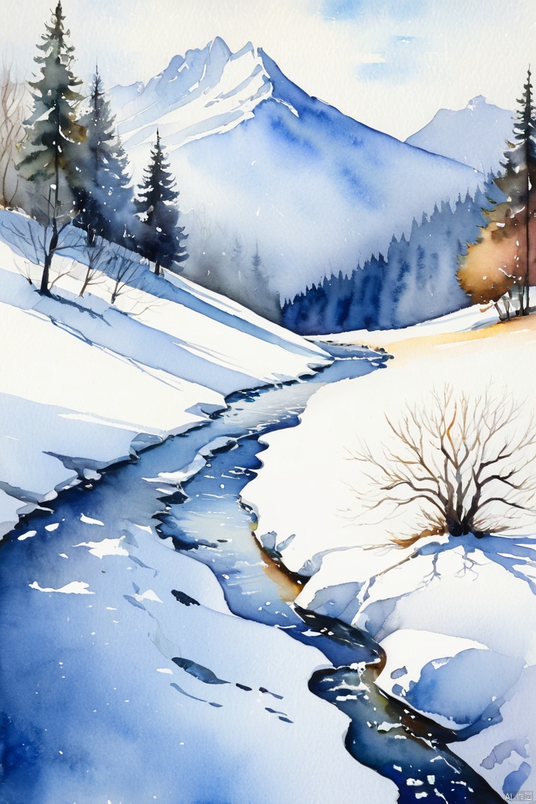  last snow, exhale white breath, goodbye for a while, watercolor painting illustration, traditional media, impressionism, rating:safe 4k, best quality, masterpiece