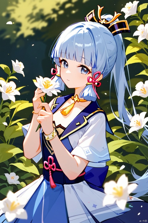  (score_9,score_8_up,score_7_up,score_6_up,score_5_up,score_4_up),1girl, solo, beautiful hair, colorful exquisite dress, holding, jewelry, closed mouth, flower, bracelet, hands up, plant, white flower, hair over shoulder, Kamisato Ayaka \(genshin impact\)