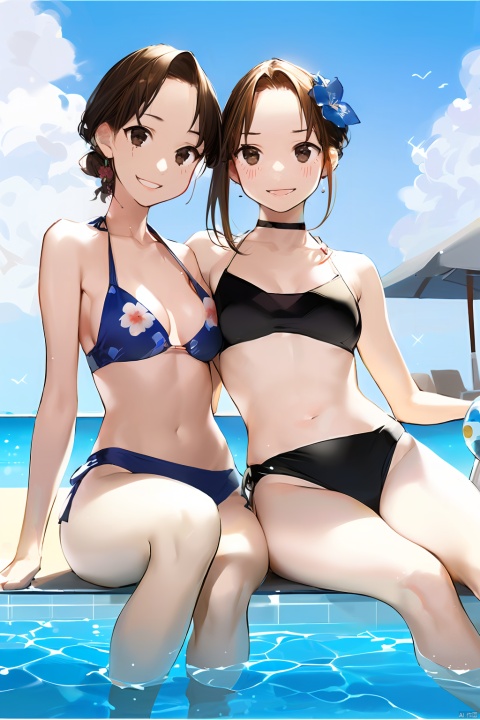 2girls,by kin,by yomu,amazing quality,photorealistic,detailed,beautiful color,beautiful,long hair, breasts, looking at viewer, blush, smile, open mouth, bangs, multiple girls, blonde hair, brown hair, black hair, hair ornament, navel, 2girls, cleavage, bare shoulders, brown eyes, medium breasts, sitting, closed mouth, collarbone, swimsuit, flower, bikini, thighs, small breasts, outdoors, choker, day, hair flower, medium hair, water, stomach, side-tie bikini bottom, black choker, floral print, blue bikini, pool, soaking feet, poolside, 