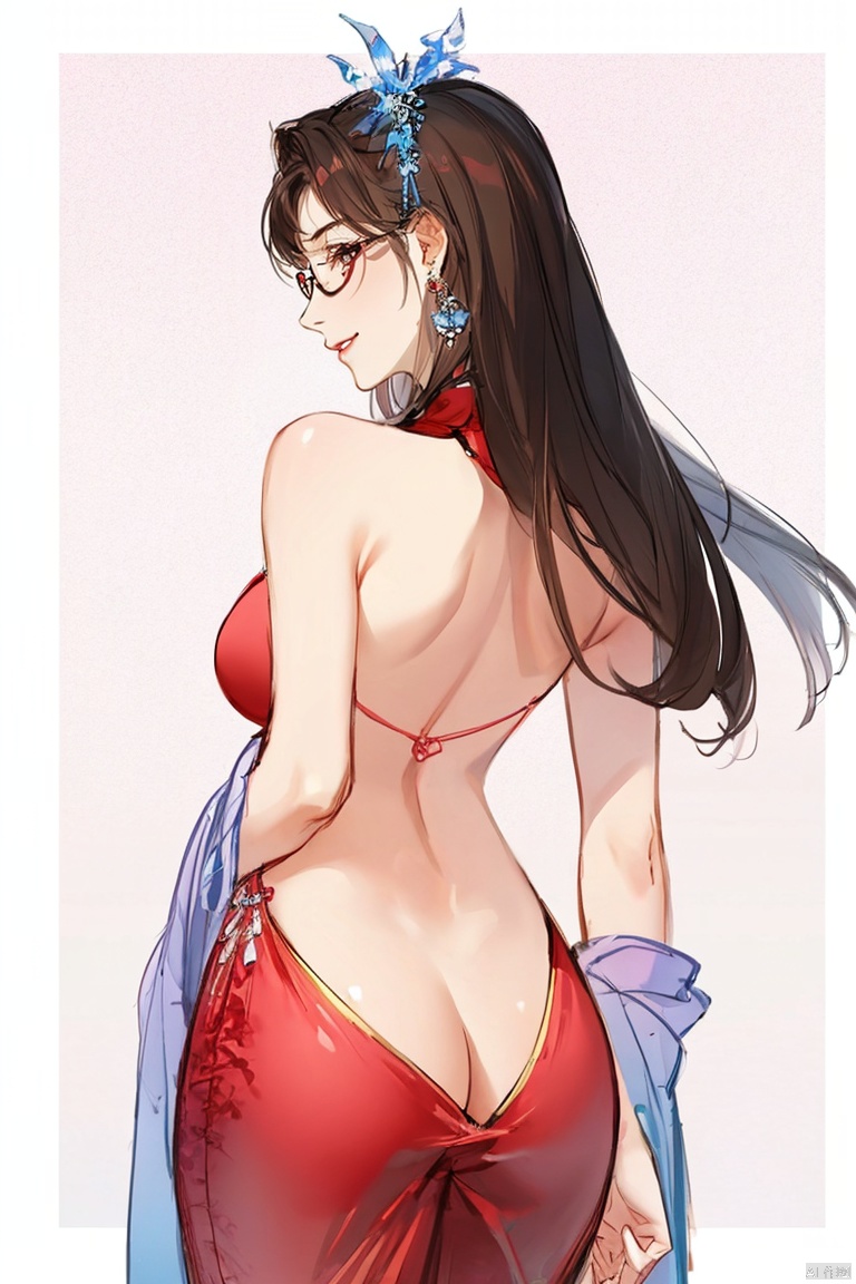 1girl, solo, long hair, breasts, looking at viewer, smile, large breasts, brown hair, dress, bare shoulders, jewelry, ass, earrings, parted lips, glasses, looking back, dark skin, from behind, nail polish, dark-skinned female, lips, back, red dress, red nails, backless outfit, bare back, against wall, backless dress, hanfu , hair ornament , chinese clothes, Zhangdaqian