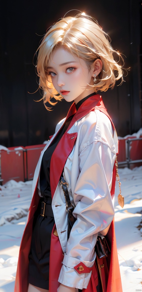  Outdoor scenery, snow view, Snow Mountain, girl, red wool coat, pretty face, short hair, blonde hair, (photo reality: 1.3) , Edge lighting, (high detail skin: 1.2) , 8K Ultra HD, high quality, high resolution, the best ratio of four fingers and a thumb, (photo reality: 1.3) , wearing a red coat, white shirt inside, big chest, solid color background, solid red background, advanced feeling, texture full, 1 girl, Xiqing, HSZT, Xiaxue, dongy, a girl, magic eyes, black 8d smooth stockings, 1girl, tm, hy, Light-electric style,shining