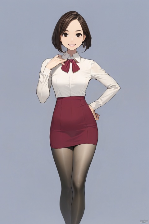  1girl,by yomu,amazing quality,photorealistic,detailed,beautiful color,beautiful, solo, breasts, looking at viewer, smile, short hair, skirt, large breasts, simple background, brown hair, shirt, long sleeves, white background, brown eyes, standing, full body, pantyhose, earrings, parted lips, shiny, black skirt, black footwear, high heels, hand on hip, turtleneck, red shirt, pencil skirt, shiny clothes, high-waist skirt, office lady