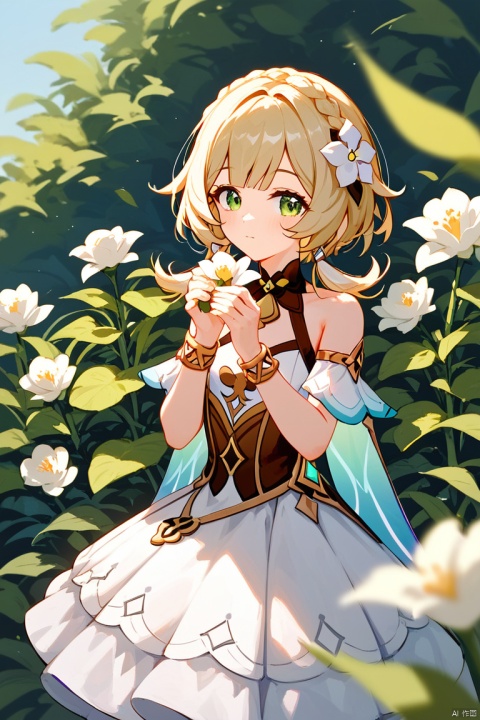  (score_9,score_8_up,score_7_up,score_6_up,score_5_up,score_4_up),1girl, solo, beautiful hair, colorful exquisite dress, holding, jewelry, closed mouth, flower, bracelet, hands up, plant, white flower, hair over shoulder, lynette \(genshin impact\)