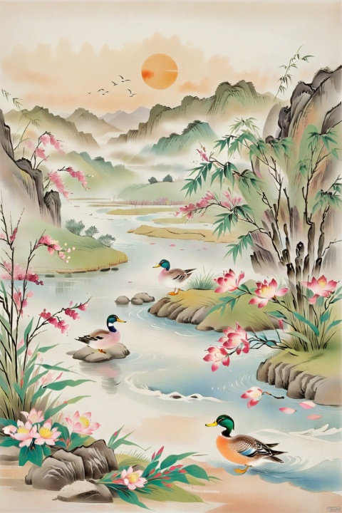 a serene spring scene,a river with ducks swimming, a bamboo forest by the river,a few peach trees outside the bamboo forest, blooming peach blossoms,medium:illustration,realistic,highres,ultra-detailed,photorealistic:1.37,studio lighting,vivid colors,bokeh,landscapes.