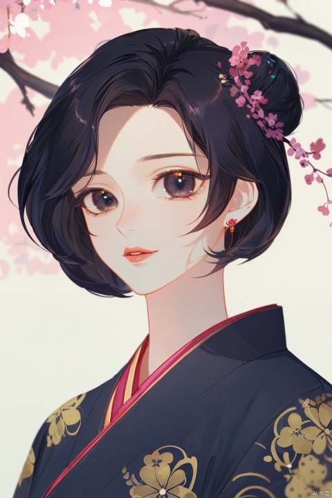 1girl, by 3meiji,amazing quality,photorealistic,detailed,beautiful color,beautiful,solo, looking at viewer, short hair, black hair, closed mouth, upper body, multicolored hair, japanese clothes, kimono, hair bun, black eyes, lips, single hair bun, portrait, white kimono, branch, red lips