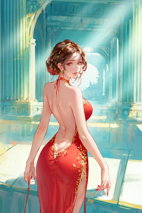  1girl, solo, long hair, breasts, looking at viewer, smile, large breasts, brown hair, dress, bare shoulders, jewelry, ass, earrings, parted lips, looking back, dark skin, from behind, nail polish, dark-skinned female, lips, back, red dress, red nails, backless outfit, bare back, against wall, backless dress, hanfu , hair ornament , chinese clothes, Zhangdaqian, guidao