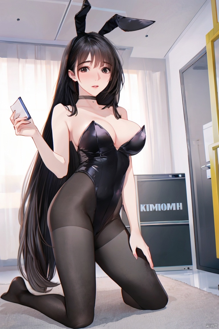  1girl, solo, amazing, impasto, detailed, beautiful color, by hitomio16, long hair, breasts, looking at viewer, bangs, brown hair, animal ears, cleavage, jacket, pantyhose, parted lips, open clothes, choker, shiny, indoors, black footwear, rabbit ears, leotard, open jacket, lips, shiny skin, book, kneeling, fake animal ears, highleg, black choker, playboy bunny, curtains, black leotard, shiny clothes, realistic, lamp, book stack, carpet