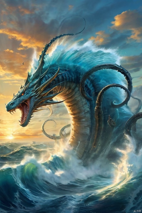  The fierce Leviathan, its scales a deep oceanic blue, rises from the depths of the sea to confront a fleet of naval warships armed with cannons and torpedoes, its mighty tail churning the waves into a frothy maelstrom that capsizes several vessels, as it spews forth a geyser of water that drenches the sailors in salty brine.