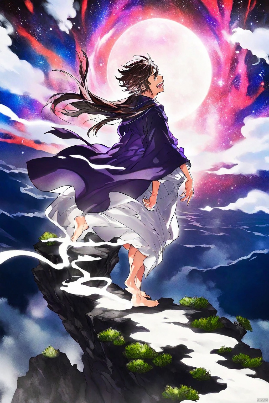 by mika pikazo, Tie dyeing style, Tie dyeing,Shinkai Makoto style, a whimsical digital illustration of a solitary figure standing on a cliff overlooking the vast starry sky. The figure has a wistful expression, his hair blown by the wind and his robe flowing. The sky is filled with rotating galaxies and constellations, creating a fantastic atmosphere. Bright colors, ethereal lights