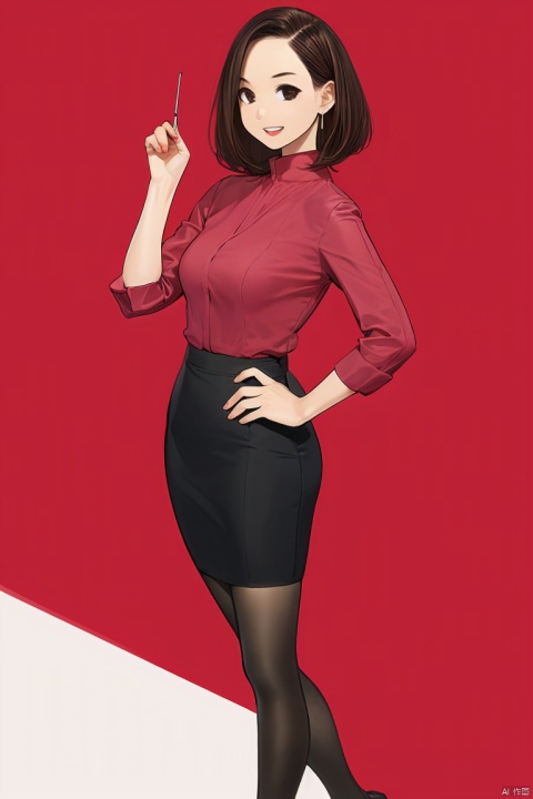 1girl,by yomu,amazing quality,photorealistic,detailed,beautiful color,beautiful, solo, breasts, looking at viewer, smile, short hair, skirt, large breasts, simple background, brown hair, shirt, long sleeves, white background, brown eyes, standing, full body, pantyhose, earrings, parted lips, shiny, black skirt, black footwear, high heels, hand on hip, turtleneck, red shirt, pencil skirt, shiny clothes, high-waist skirt, office lady
