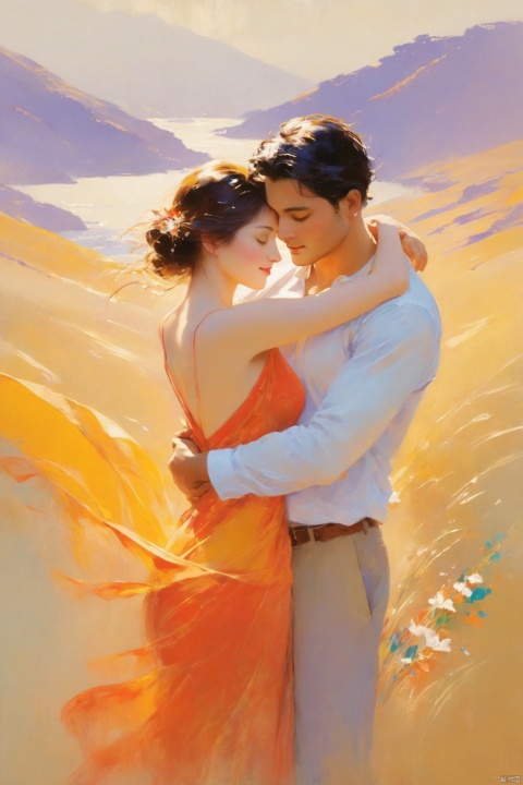 Affectionate embrace, gentle as water, happiness, visual impact and picture impact, bright and full use of colors, bold strokes and smooth lines, passionate body language and posture, dreamlike scenes and light changes of delicate emotional description and depiction, subtle integration of metaphor and symbol, warm colors and light and shadow creation, unique perspective and composition show deep love