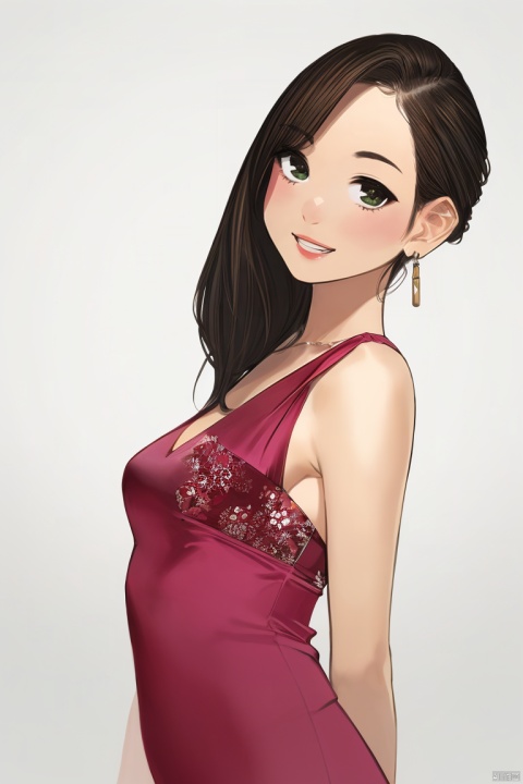 1girl,by yomu,amazing quality,photorealistic,detailed,beautiful color,beautiful, solo, long hair, breasts, looking at viewer, simple background, brown hair, black hair, dress, cleavage, bare shoulders, jewelry, medium breasts, green eyes, earrings, sleeveless, grey background, lips, gradient, gradient background, makeup, red dress