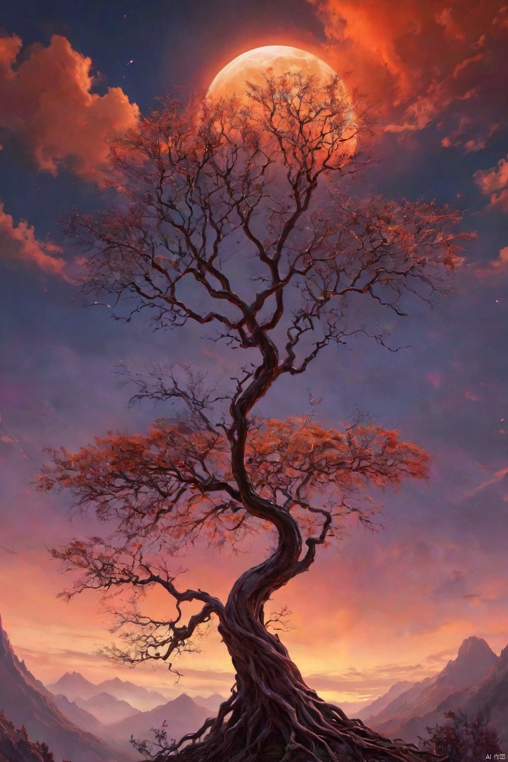 the image presents a surrealistic landscape scene. dominating the background is a large mountain, adorned with a red orange hue that transitions into deep orange and brown hues near the peak. the mountain's top is capped with a red light, adding an eerie glow to the scene. in the foreground, there's a tree with gnarled branches reaching out towards the sky, reminiscent of a bony hand. this tree appears to be made of black lines against a backdrop of red orange clouds. above, the night sky is visible, with the moon casting a soft white light. despite being set at night, the colors and lighting give the scene a dreamy and ethereal quality., romantic impressionism, dream scenery art, beautiful oil matte painting, romantic, style of thomas kinkade, beautiful digital painting, anime landscape, romantic painting, thomas kinkade style painting, dreamlike digital painting, colorful painting, beautiful gorgeous digital art, style thomas kinkade
