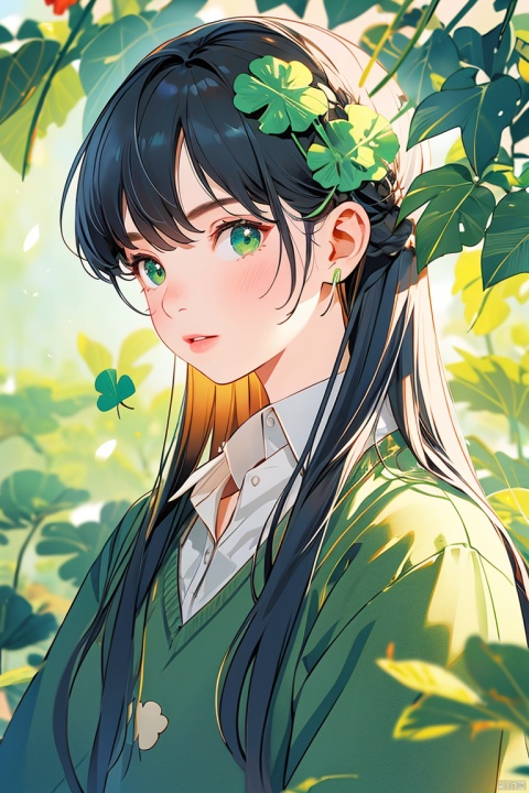  1girl, solo, long hair, looking at viewer, blush, bangs, shirt, black hair, green eyes, white shirt, upper body, leaf, plant, covered mouth, clover, four-leaf clover, Memphis