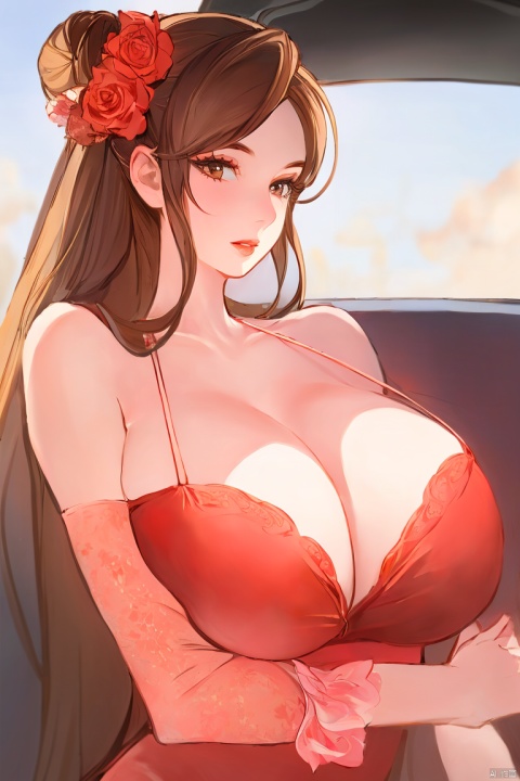  1girl, solo, long hair, huge breasts, looking at viewer, large breasts, brown hair, hair ornament, dress, cleavage, brown eyes, upper body, flower, parted lips, solo focus, hair flower, blurry, lips, see-through, floral print, red dress, ground vehicle, red lips,moyou