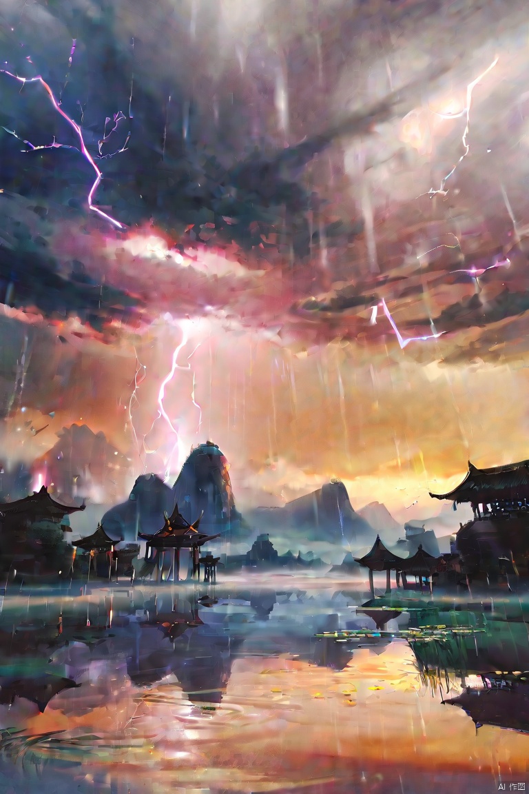 by gomzi, by wlop, (score_9,score_8_up,score_7_up,score_6_up,score_5_up), ancient chinese style, The clouds darken as if about to rain, the water ripples and mist rises, amidst the thunderous roar of lightning splitting the sky asunder