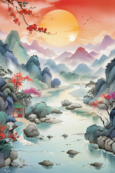 A picturesque scene with the grandeur of Chinese red, poetic elegance, and traditional elements, overlooking a tranquil river with the sun rising, crimson flowers floating on the water, and an ethereal mist enveloping the mountains. The scene exudes a sense of timeless beauty and harmony, capturing the essence of spring with deep green river waters, sparkling blue gemstones, and fresh, vivid colors. The entire landscape appears as if the heavens and earth have converged, creating a mesmerizing and serene atmosphere. The detailed depiction of the surroundings should have the best quality (4k,8k,highres,masterpiece:1.2) and be ultra-detailed with a realistic, photorealistic style (photo-realistic:1.37). The lighting should emphasize studio lighting, sharp focus, vivid colors, and an overall sense of tranquility.