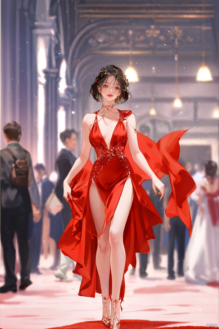  1girl, solo, looking at viewer, black hair, dress, holding, brown eyes, jewelry, standing, full body, earrings, indoors, black footwear, blurry, red dress, realistic, red lips, carpet
