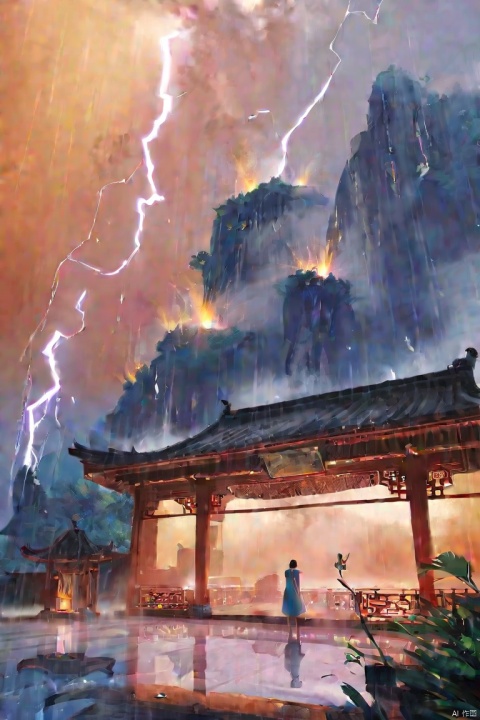 by ajimita, by wlop, (score_9,score_8_up,score_7_up,score_6_up,score_5_up), ancient chinese style, The clouds darken as if about to rain, the water ripples and mist rises, amidst the thunderous roar of lightning splitting the sky asunder