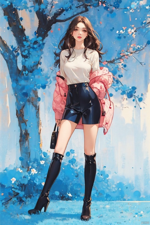 1girl, solo, long hair, looking at viewer, brown hair, thighhighs, long sleeves, holding, brown eyes, jewelry, sitting, full body, earrings, boots, shorts, artist name, bag, black footwear, high heels, sweater, lips, book, shadow, thigh boots, black shorts, crossed legs, plant, high heel boots, realistic, red sweater, Gauze Skirt, , mLD