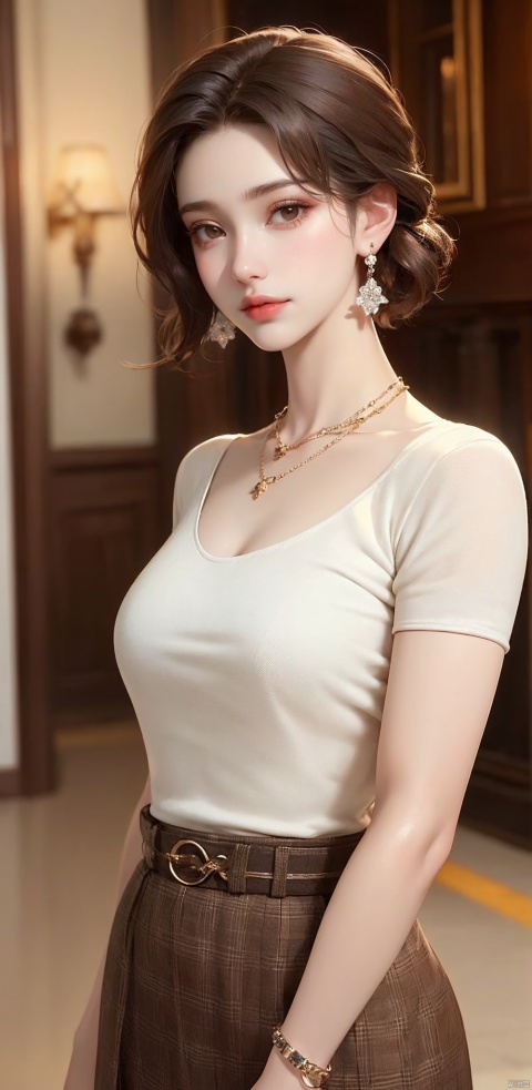  1girl, solo, looking at viewer, short hair, brown hair, jewelry, standing, earrings, belt, necklace, bracelet, makeup, ring, lipstick, watch, red lips, wristwatch, sufei, yunbin