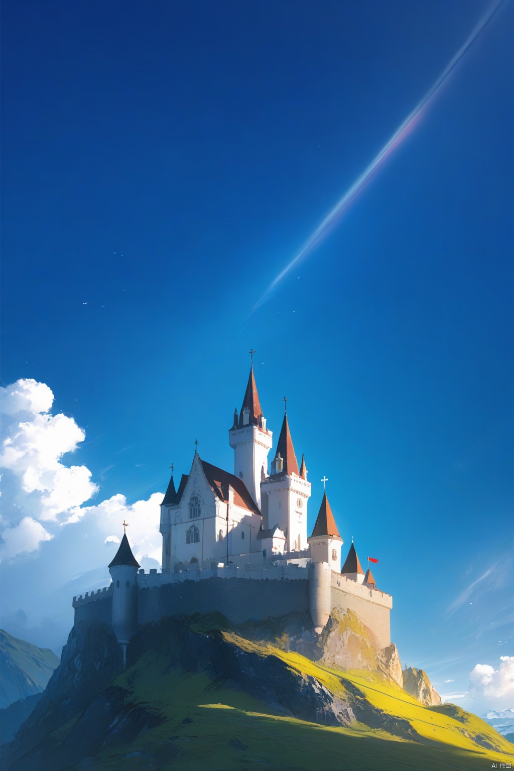  masterpiece,best quality,high quality,(colorful),[Artist miwano rag],[Artist toosaka asagi],[[[Artist wlop]]],[Artist chen bin],Artist Miv4t, scenery, no humans, sky, cloud, outdoors, cross, day, castle, sunlight, light rays, cloudy sky