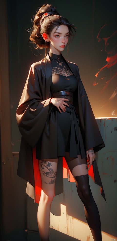  Best Quality, Hyper-Realistic, (Ultra High Resolution), Masterpiece, 8K, RAW Photo, Cover Art, Light, Photo Art, Realistic, Bar and Nightclub,Gangster Girl, Tattoo, Cigarette, Ripped Tights, slicked back hairstyle, staring gaze, graffiti on wall, subtle sneer, rough vibe, rebellious Posture, Loyalty Tattoo, Scar Above Eyebrow, (Danger:1.7) (Tension:1.6) (Cinematic Lighting:1.4),Bar and Nightclub, ooyama Kazuha, conan, chang