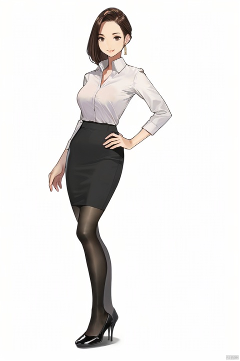  1girl,by yomu,amazing quality,photorealistic,detailed,beautiful color,beautiful, solo, breasts, looking at viewer, smile, short hair, skirt, large breasts, simple background, brown hair, shirt, long sleeves, white background, brown eyes, standing, full body, pantyhose, earrings, parted lips, shiny, black skirt, black footwear, high heels, hand on hip, turtleneck, red shirt, pencil skirt, shiny clothes, high-waist skirt, office lady