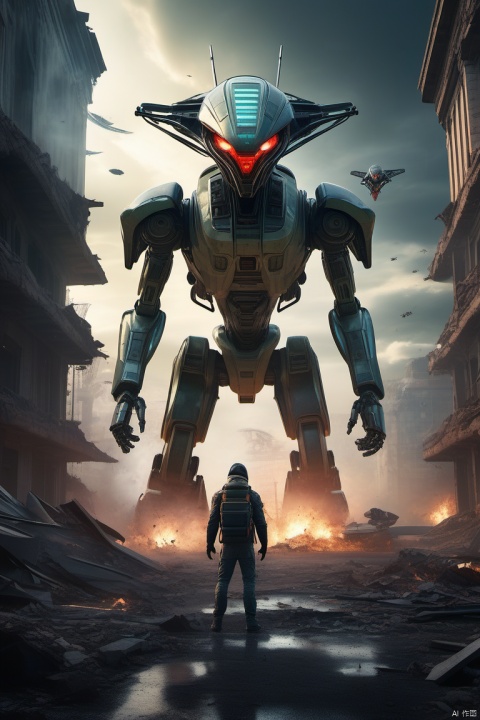 A battle-worn robot valiantly duels with a monstrous creature amidst the ruins of collapsed buildings, with extraterrestrial aircraft hovering ominously in the sky, (best quality,4k,8k,highres,masterpiece:1.2),ultra-detailed,(realistic,photorealistic,photo-realistic:1.37),dynamic action,cinematic lighting,vivid colors,smoke and debris,tense atmosphere,advanced robotics,futuristic technology,alien textures,aggressive stance,destructive environment,intense battle,sky filled with lights,UFOs,beam weapons,glowing energy,survival struggle,heroic pose,determined eyes,shattered concrete,twisted metal,flying shards,eerie silence,overcast sky,alien symbols,strange technology,otherworldly design,(negative prompt).