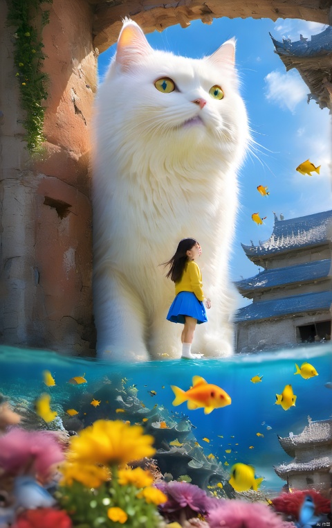 large white cat,a young girl,Sunlight is shining into the sea. There is a gorgeous dragon palace at the bottom of the sea,and the details are clear. Colorful fish are swimming around,(masterpiece, best quality, highres:1.2),