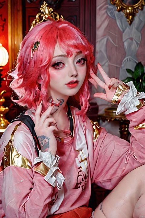 1girl,tuzi,pink hair,Charming eyes, slightly parted pink lips,looking at viewer, one hand touching her face, one hand touching her lower body, drunkenly,red sweetshirt,sissy,sexy pose,sitting in palace,master piece,best quality