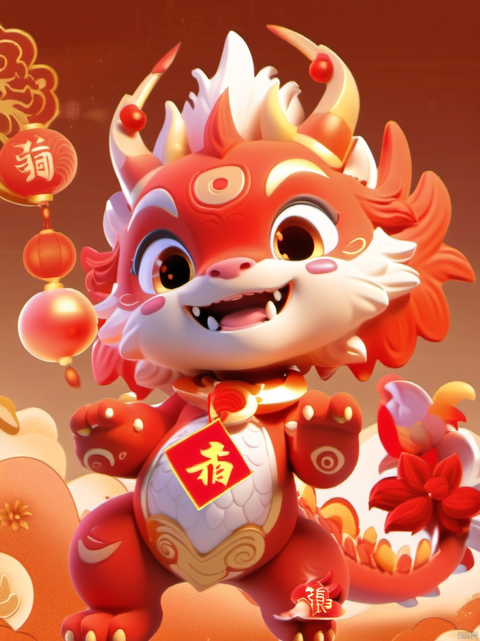  The character is holding a string of red firecrackers,a vibrant and animated character that appears to be a fusion of a dragon and a lion. The character is predominantly red with white accents, and it has a cheerful expression with wide eyes and a broad smile. It holds a golden bell in one hand and a golden rattle in the other. The character is adorned with a golden necklace that has a pendant with Chinese characters. The background is a warm orange hue, with floating lanterns and a silhouette of a mountain rangee