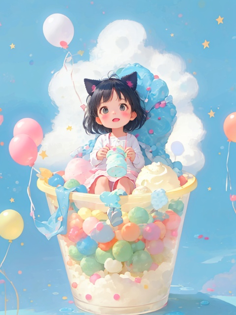 masterpiece,/imagine prompt: a tiny blue haired girl child sits cross-legged in the middle of an impossibly large ice cream sundae bowl,  multi-colored scoops of ice cream piled high around her, swirls of vivid pistachio, strawberry and mint chip sauce drizzle down the sides, a menagerie of ice cream balloons in rainbow hues float around her, caught mid burst, the little girl gazes into the distance with dreamy expression, captivated by her sugary wonderland, captured with wide angle telephoto lens to show huge scale of ice cream bowl relative to tiny subject, washed in warm pastel colors that glow against the rich cobalt of her hair,1girl