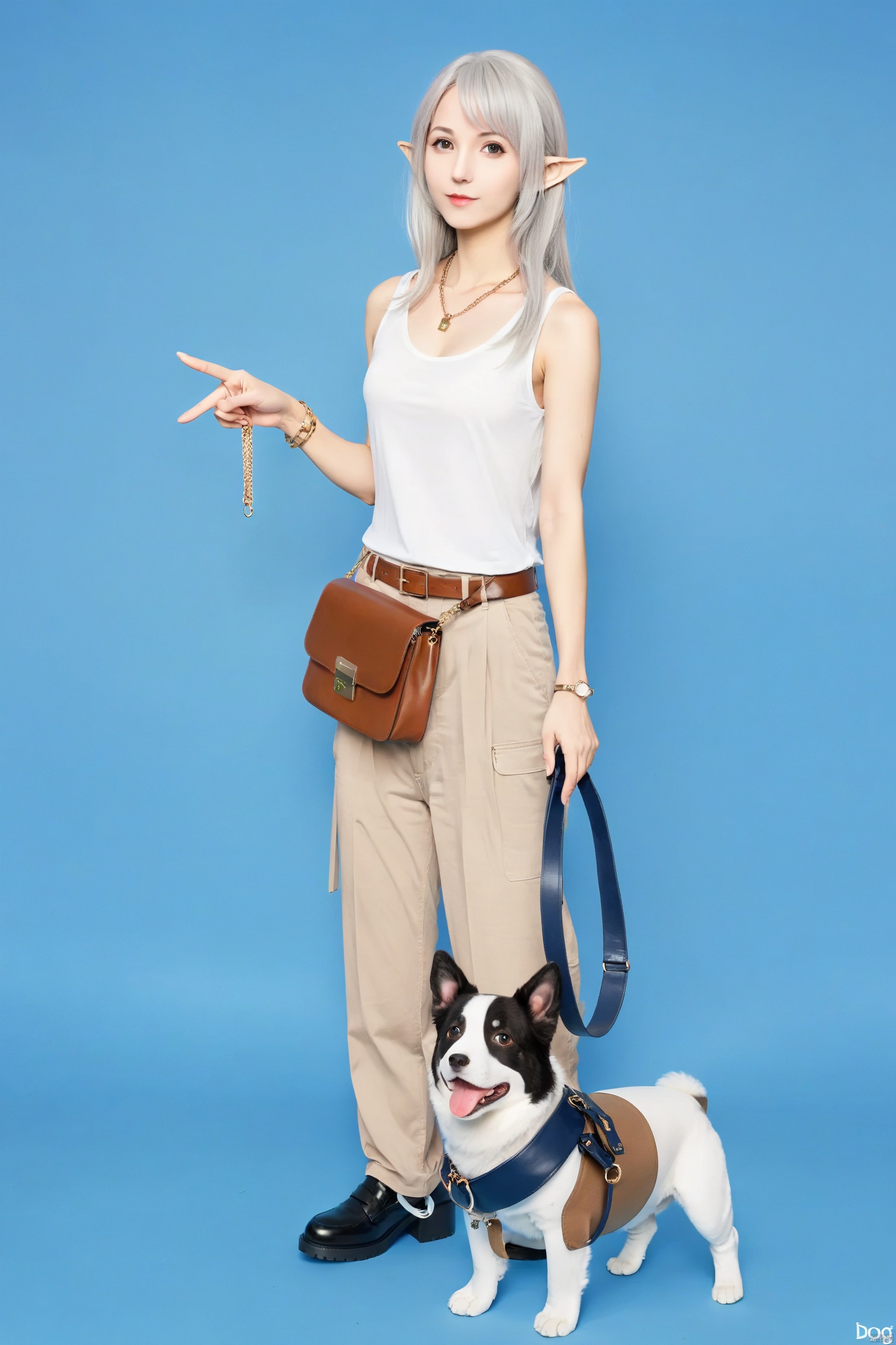 1girl, solo, long hair, looking at viewer, shirt, holding, brown eyes, jewelry, standing, full body, white shirt, grey hair, shoes, pointy ears, belt, pants, necklace, bag, black footwear, bracelet, blue background, **** top, pointing, elf, dog, handbag, leash, brown pants