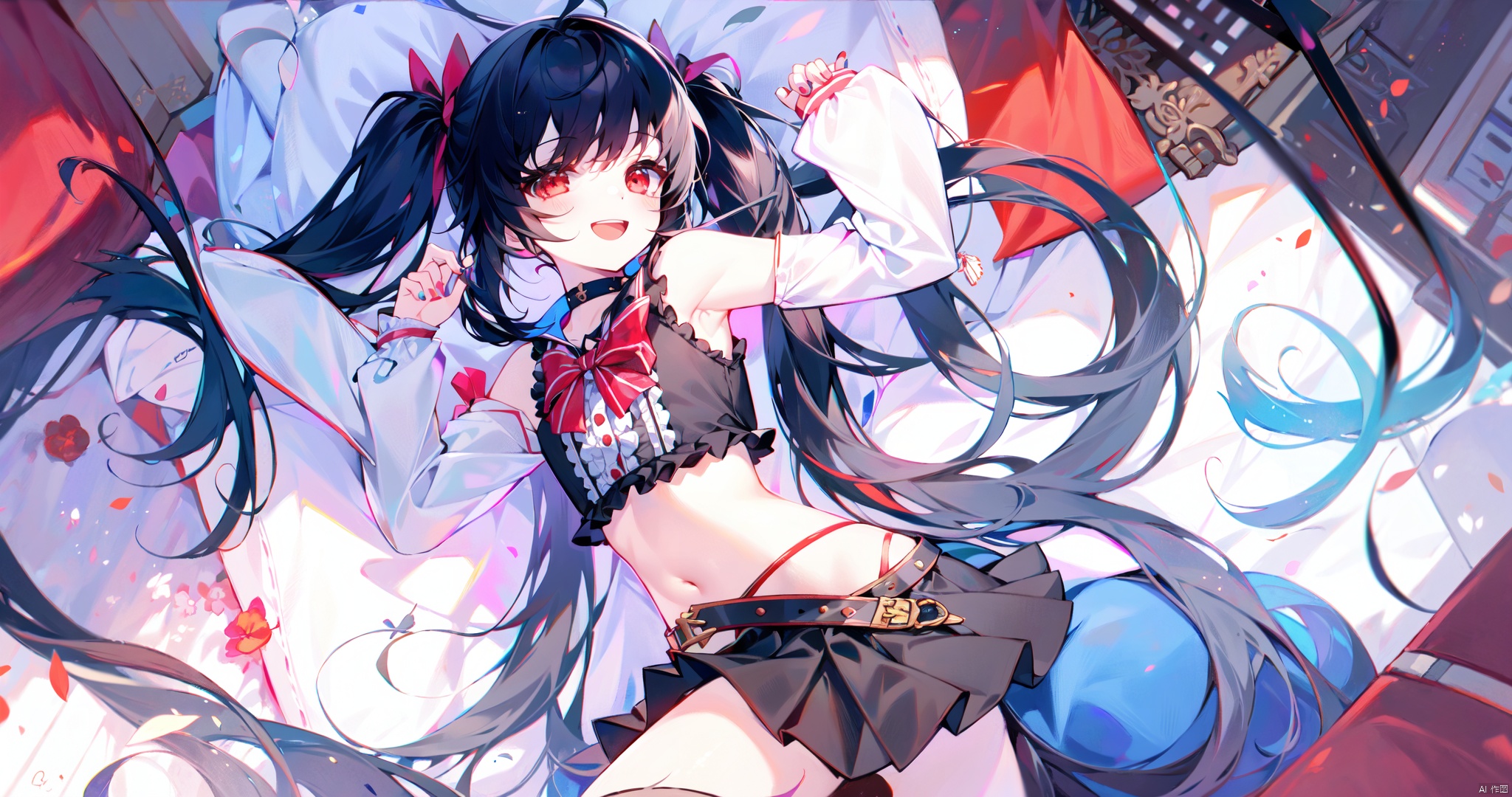 (best quality), (masterpiece),1girl, skirt, shirt, smile, armpits, black skirt, sleeveless shirt, sleeveless, midriff, black hair, long hair, navel, looking at viewer, bare shoulders, stomach, choker, twintails, red eyes, frilled shirt, :d, arm up, 1boy, black choker, crop top, open mouth, frills, miniskirt, on bed, very long hair, bed, bow, belt, hair bow, pleated skirt, nail polish, bare armsornament, frilled skirt, long sleeves, sleeves past wrists, very long hair, red eyes, animal ear fluff, open mouth, 1girl