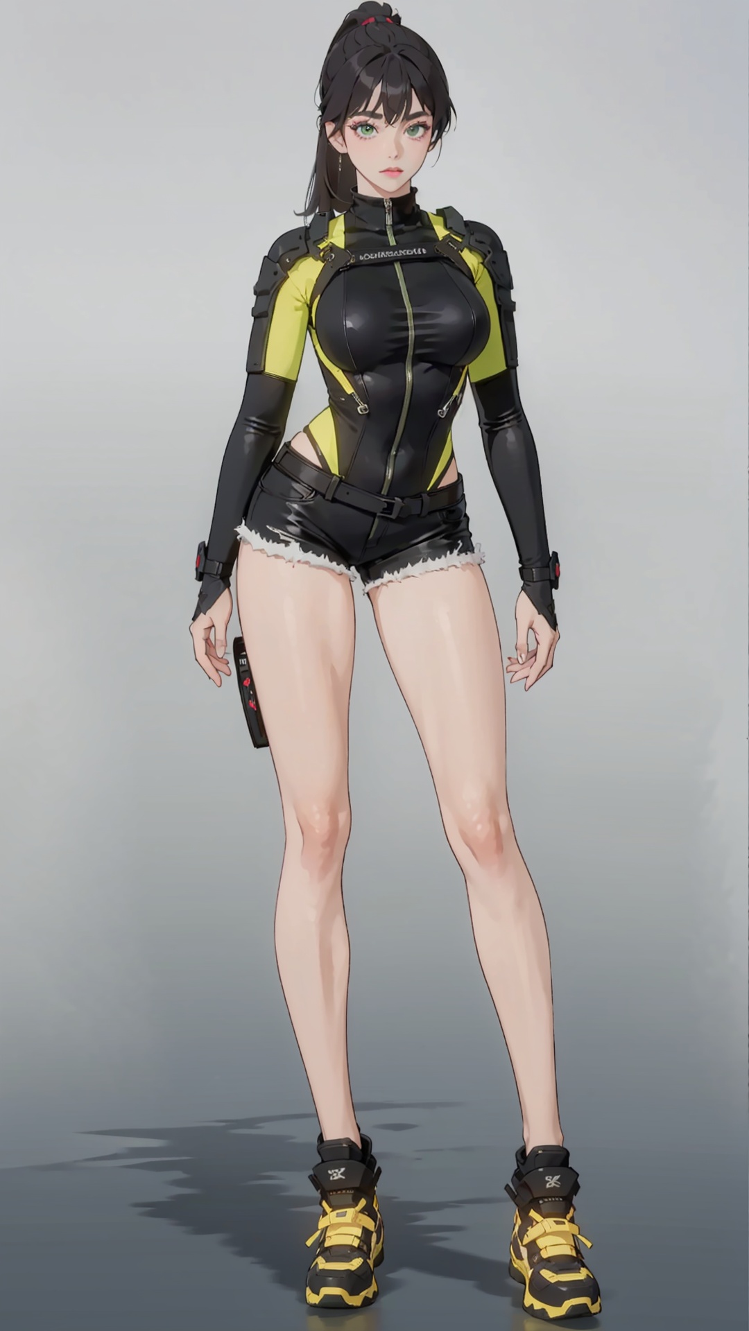 best quality, ultra high res, photoshoot, (photorealistic:1.4), 1girl, super big tits, ponytail, she is wearing (green:1.5) Special forces bodysuit, shorts, looking at viewer, facing front, wide angle, makeup, full body, stand, sexy, hot,shoushou