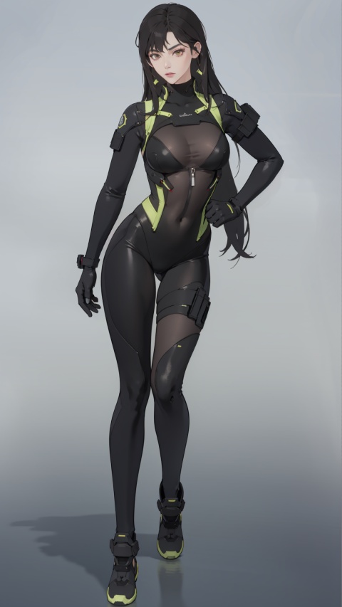best quality, ultra high res, photoshoot, (photorealistic:1.4), 1girl, brown eyes, black hair, long hair, big tits, she is wearing green Special forces bodysuit, looking at viewer, facing front, wide angle, makeup, full body, nami, sexy, hot,