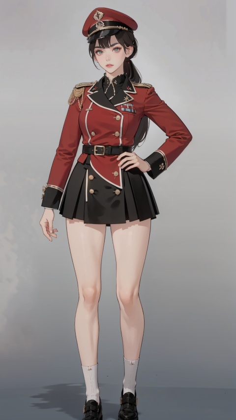 best quality, ultra high res, photoshoot, (photorealistic:1.4), 1girl, super big tits, ponytail, she is wearing (red:1.5) military uniform, lolita skirt, service cap, looking at viewer, facing front, wide angle, makeup, full body, stand, sexy, hot,shoushou
