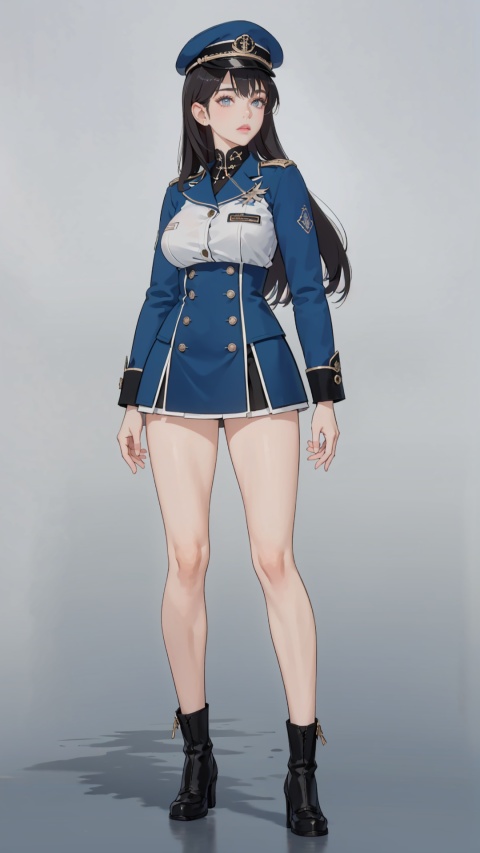 best quality, ultra high res, photoshoot, (photorealistic:1.4), 1girl, super big tits, long hair, she is wearing (blue:1.5) military uniform, lolita skirt, service cap, looking at viewer, facing front, wide angle, makeup, full body, stand, sexy, hot,shoushou