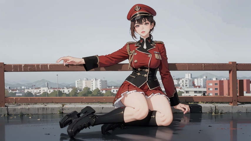 1girl, super big tits, ponytail, she is wearing (red:1.5) military uniform, lolita skirt, service cap, looking at viewer, sit on the ground, Leg forward, wide angle, makeup, full body, sexy, hot,shoushou, best quality, ultra high res, photoshoot, (photorealistic:1.4),