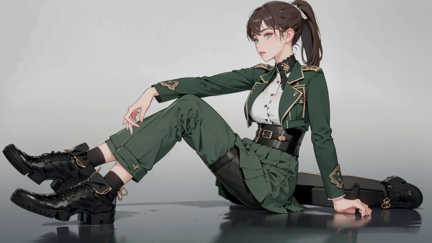 1girl, super big tits, ponytail, she is wearing (green:1.5) military uniform, lolita skirt, Protective pants, Sit sideways on the floor, looking at viewer, wide angle, makeup, full body, sexy, hot,shoushou, best quality, ultra high res, photoshoot, (photorealistic:1.4)