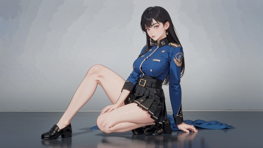 1girl, super big tits, long hair, she is wearing (blue:1.5) military uniform, lolita skirt, Protective pants, Sit sideways on the floor, looking at viewer, wide angle, makeup, full body, sexy, hot,shoushou, best quality, ultra high res, photoshoot, (photorealistic:1.4)