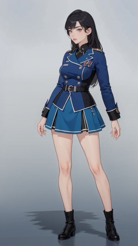 best quality, ultra high res, photoshoot, (photorealistic:1.4), 1girl, super big tits, long hair, she is wearing (blue:1.5) military uniform, lolita skirt, looking at viewer, facing front, wide angle, makeup, full body, stand, sexy, hot,shoushou