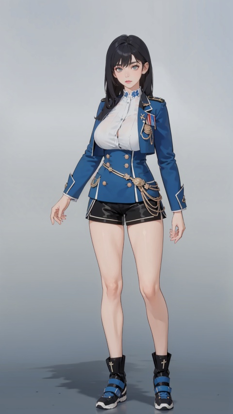 best quality, ultra high res, photoshoot, (photorealistic:1.4), 1girl, super big tits, long hair, she is wearing (blue:1.5) military uniform, shorts, looking at viewer, facing front, wide angle, makeup, full body, stand, sexy, hot,shoushou